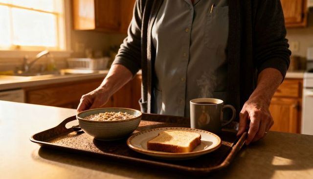 Senior woman carrying breakfast tray with porridge, toast and steaming coffee in sunlit kitchen