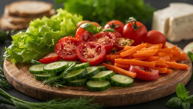 Preparing fresh vegetable board with sliced tomatoes, cucumbers, carrots and lettuce