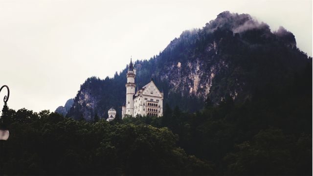 Neuschwanstein Castle is surrounded by lush trees and set against a cloudy mountain backdrop, offering a picturesque and fairytale-like image. Ideal for travel brochures, cultural context, articles on historical landmarks, and promoting tourism in Germany.