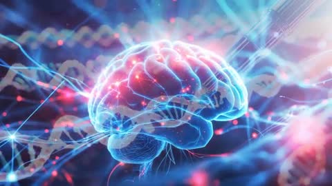 Futuristic 3D Brain with Synapses and DNA Helix in Glowing Field