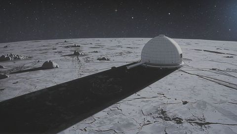 White lunar dome casting long shadow across cracked moon plain with cables and tracks