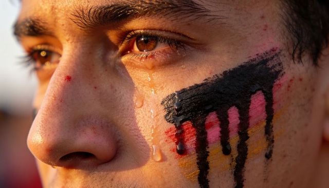 Crying male teenager with smeared tricolor face paint at golden hour closeup portrait