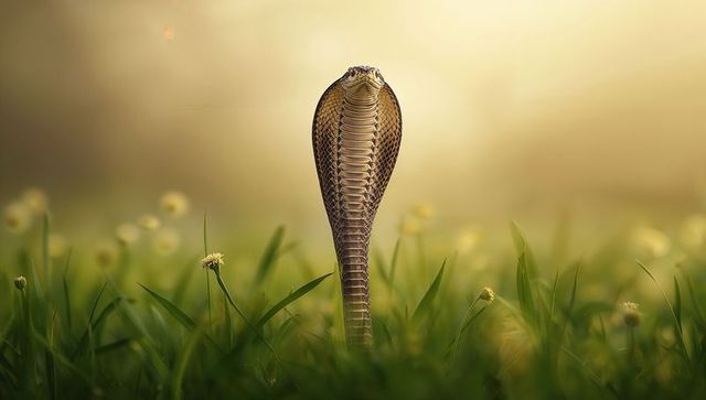 Cobra raising hood in sunlit meadow, emerging from grass with detailed scales