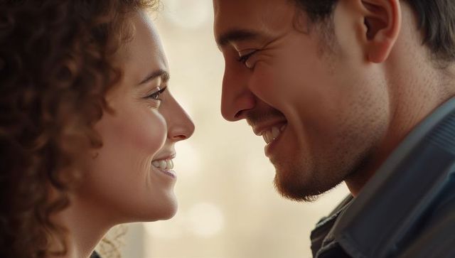 Romantic couple leaning close smiling and sharing intimate eye contact in warm soft light