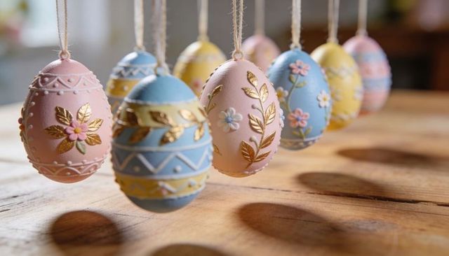 Hanging pastel Easter eggs with gold leaf detailing and twine loops over wooden tabletop