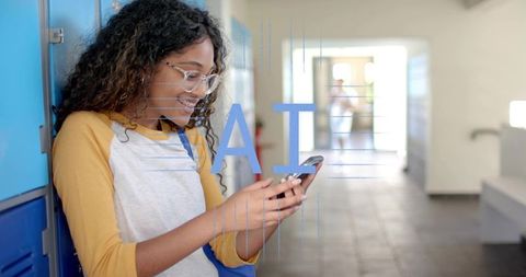 Teenage Girl Checking Phone at School Lockers with AI Overlay