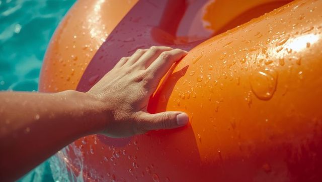 Pressing hand on wet orange pool float closeup with turquoise water summer sunlit droplets