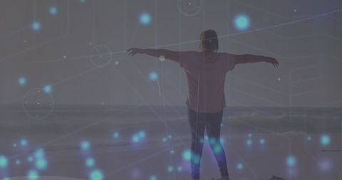 Digital Network Overlay on Woman Enjoying Beach Serenity