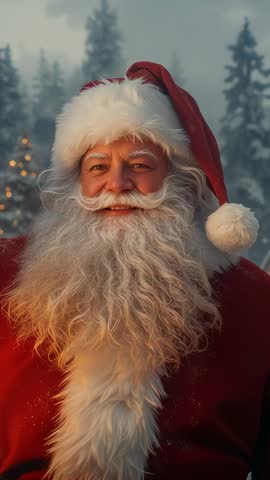 Vertical video Santa Claus smiling and tilting in snowy pine forest with bokeh lights