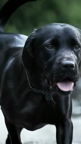 Vertical video Black Labrador running through creek toward camera, splashing close-up, playful energ