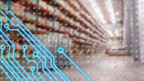 Futuristic Integrated Circuit Overlay in Warehouse