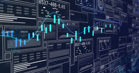Turquoise candlestick trading chart with cyan moving average and real-time analytics dashboard