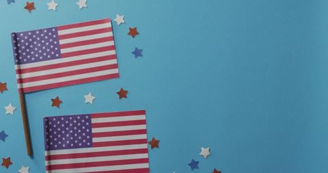 American Flags on Blue Background with Decorative Stars