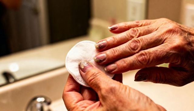 Senior woman removing chipped mauve nail polish with cotton pad at bathroom sink