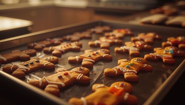 Festive gingerbread men cooling on baking sheet in warm kitchen lighting