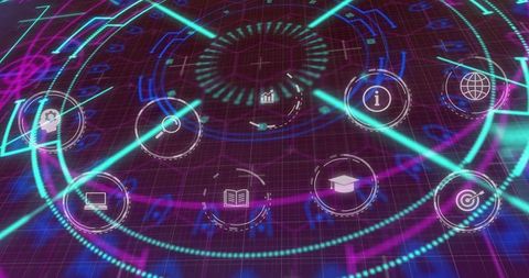 Displaying holographic dashboard pulsing over neon grid with circular data nodes