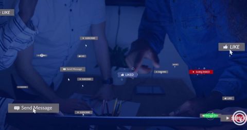 Leaning team collaborating around tablet with social media notifications overlay