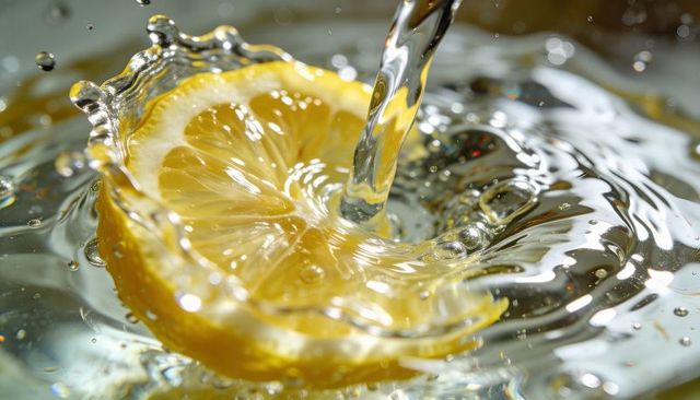 Lemon slice splashing with pouring water, crown droplets and shimmering reflections