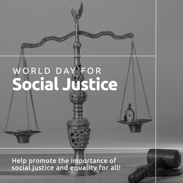 Poster featuring scales of justice and gavel, promoting World Day for Social Justice. Ideal for campaigns, educational materials, legal forums, and social media to raise awareness about social justice, equality, and legal advocacy.
