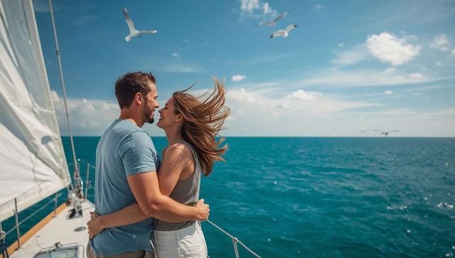 Couple embracing on sailboat bow over turquoise ocean with wind-blown hair and seagulls