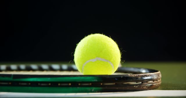 Bright yellow tennis ball resting on a tennis racket in an indoor setting with low light, focusing on details of the ball's texture and outlining of the racket. Ideal for sports equipment ads, tennis tutorials, blogs about tennis, and articles about athletics.