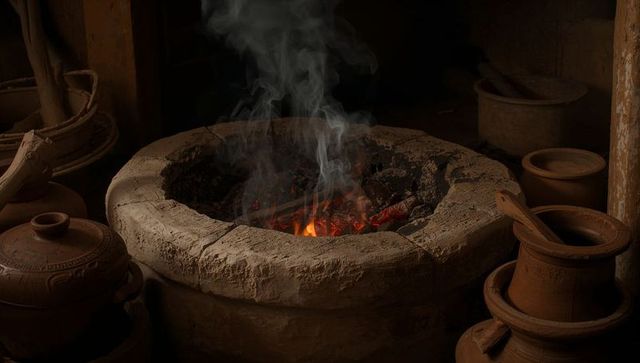 Glowing rustic clay hearth emitting embers and smoke surrounded by earthenware