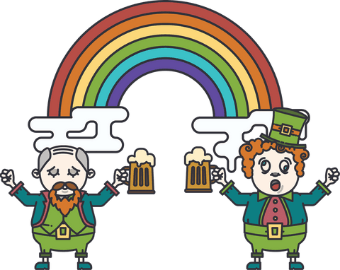 Transparent celebrating leprechauns with rainbow and beer