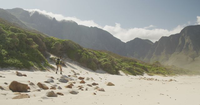 Rear view of biracial man with prosthetic leg trekking with backpack on a beach by mountains. Long distance walking, fitness, challenge, disability, nature and healthy outdoor lifestyle.