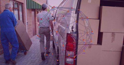 Delivery men with digital network overlay at distribution center