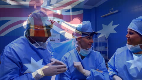 Australian Flag Overlay on Diverse Medical Team Communicating
