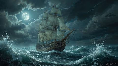 Pirate ship in stormy night, under full moon with dramatic seas