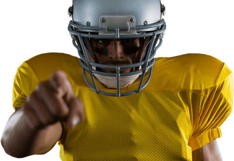 Confident american football player in yellow jersey pointing