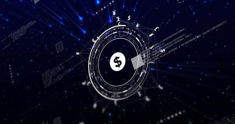 Futuristic financial HUD projecting dollar sign with currency glyphs in digital data space