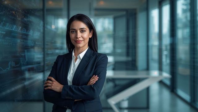 Confident female executive standing with arms crossed in glass office with data charts