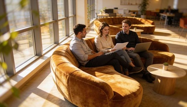 Collaborating team reviewing documents on velvet sofa in sunlit modern coworking lounge