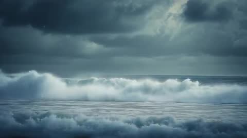 Powerful Ocean Waves Crashing Against Stormy Skyline