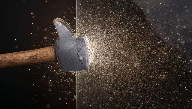 Shattering hammer striking glass panel, explosive high-speed impact with flying shards