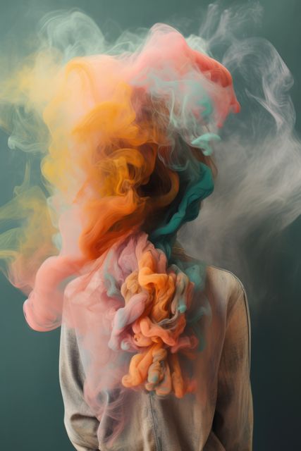 Woman with face covered by smoke on green background, created using generative ai technology. Faceless person, anonymity and colour concept digitally generated image.