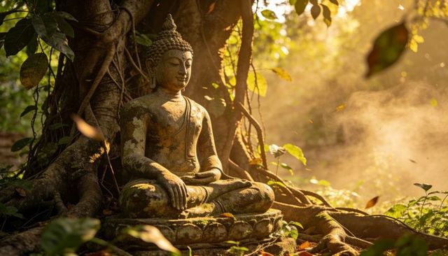 Ancient buddha statue resting beneath banyan tree with golden sunbeams and moss