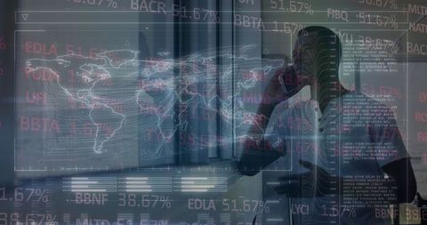 Finance Professional Holding Smartphone in Modern Office with Ticker Overlays