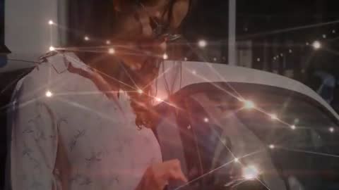 Woman Interacting with Smartphone Beside Car with Digital Network