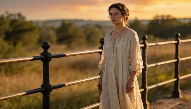 Standing woman in linen dress gazing over sunset meadow by iron railing