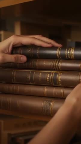 Hands Selecting Leatherbound Volume from Antique Bookshelf under Warm Library Light