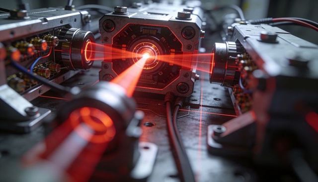 Compact cube optical module emitting focused red laser beam on photonics alignment bench