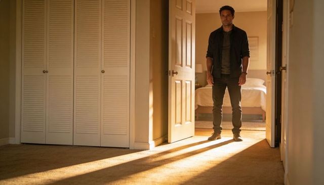 Solitary man standing in sunlit bedroom doorway casting long shadows warm beige interior