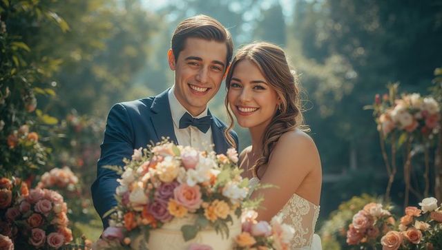 Smiling Newlyweds Cutting Floral-Decorated Wedding Cake in Garden