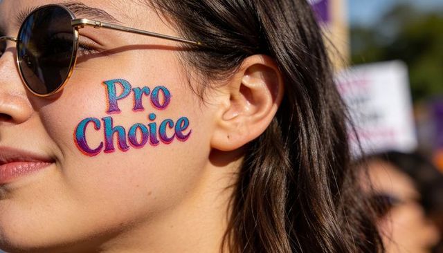 Young woman wearing pro choice face paint and round sunglasses at outdoor rally