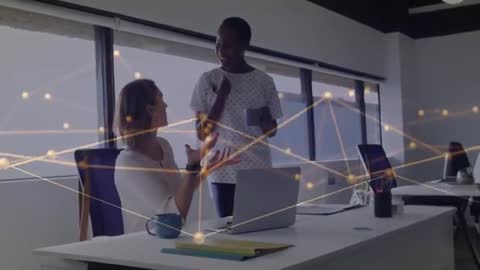 Collaborative Team Discussion with Network Animation in Modern Office