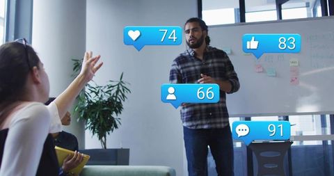 Presenting Team Leader Guiding Creative Meeting with Floating Social Media Icons