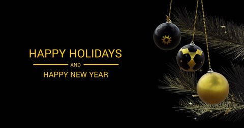 Elegant christmas greeting with gold and black baubles